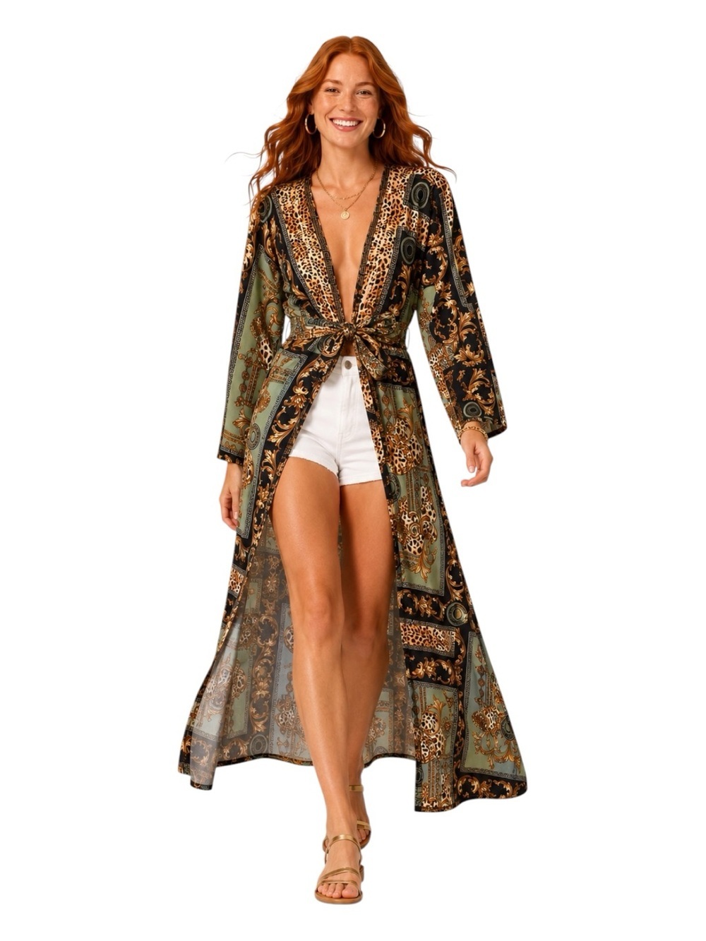 Fashion Nova Baroque Leopard Print Tie-Front Maxi Kaftan Duster Cover-Up - Picture 5 of 9